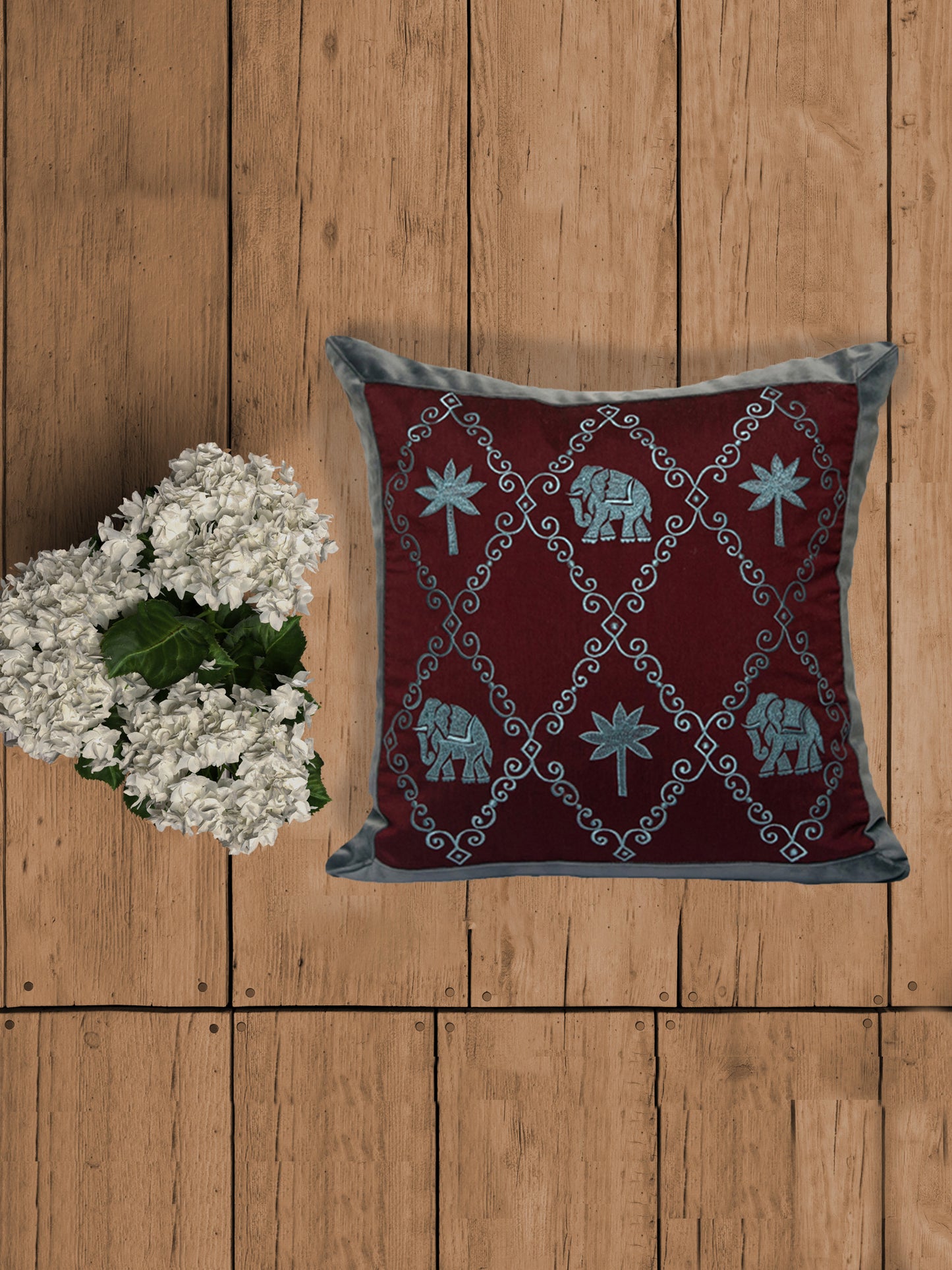 Embroidered Cushion Cover- Maroon/Grey 16"X16"