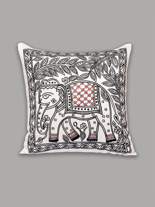 Embroidered Cushion Cover Cotton & Polyester White/Black - 16" X 16"
