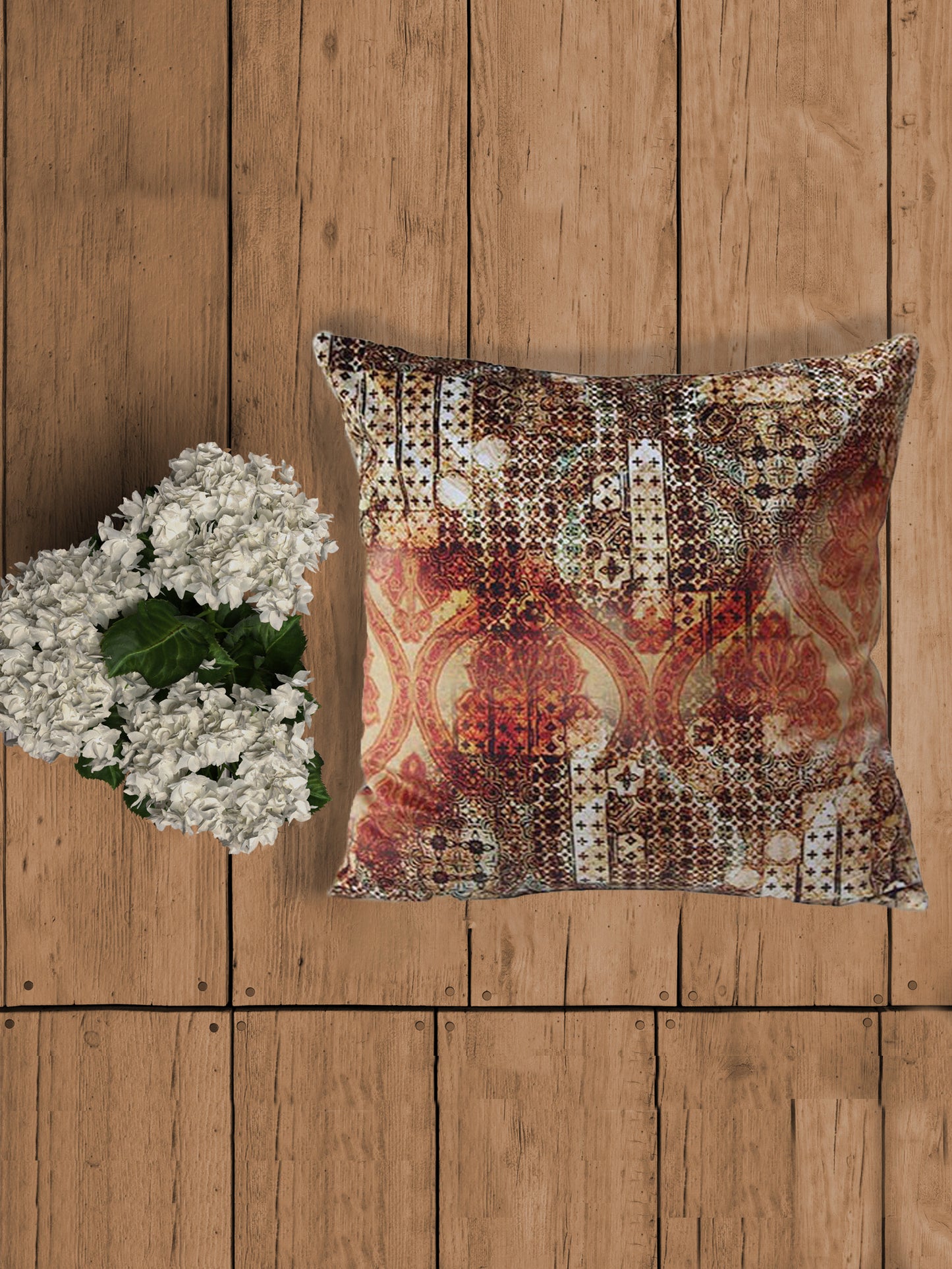 Cushion Cover Solid Velvet Digital Print Off White Brown - 20" X 20"