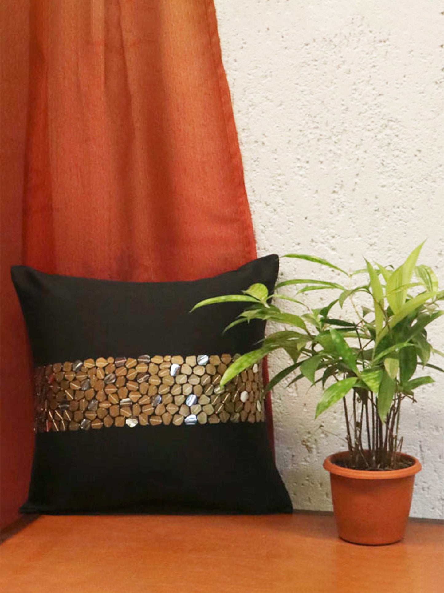 Cushion Cover 100% Polyester Sequin Centre Border Orange - 12"X12"