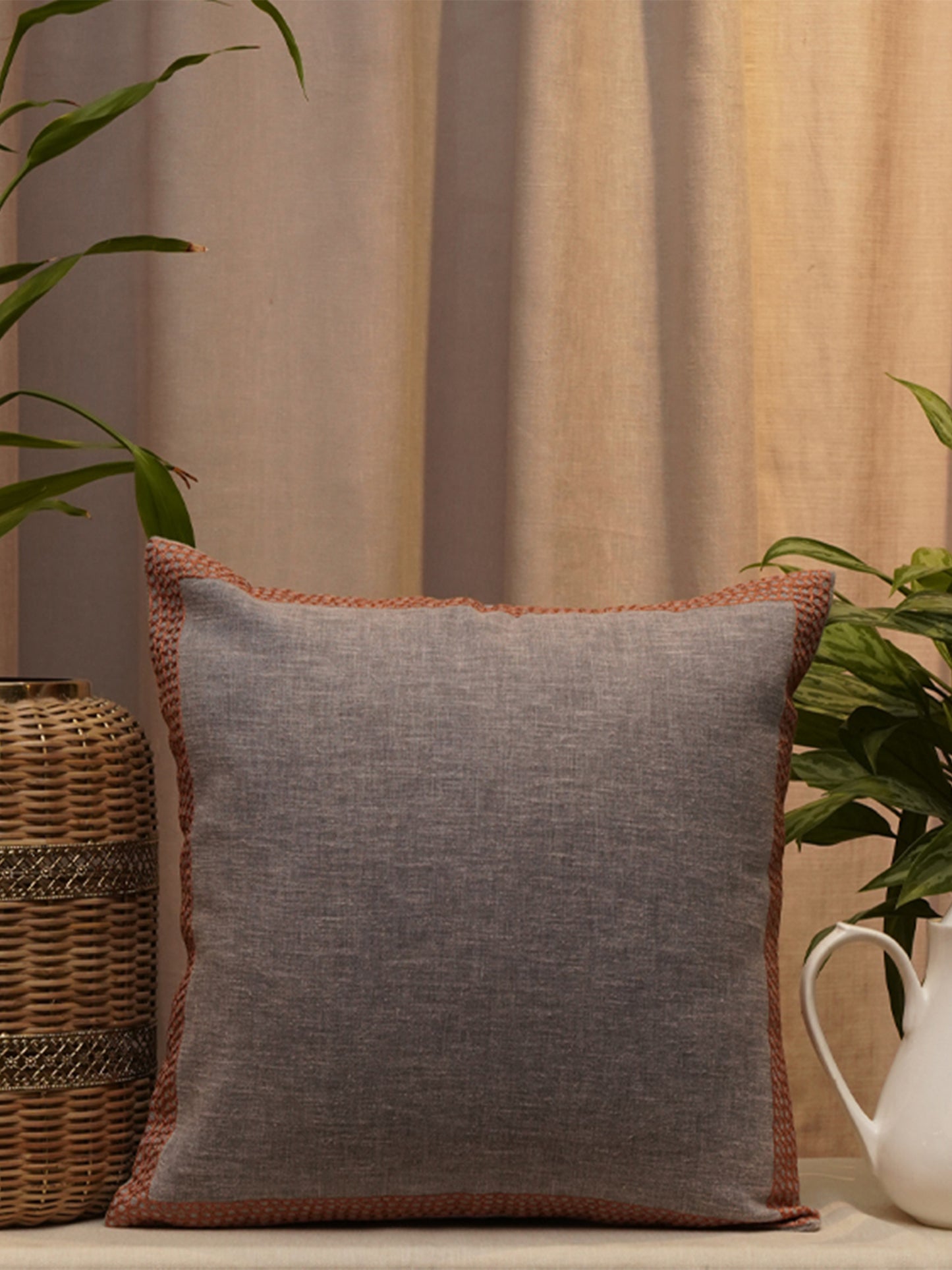 Embroidered Cushion Cover Cotton Linen  Striped White - 16" X 16"