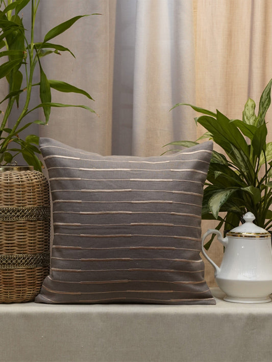 Embroidered Cushion Cover Cotton Linen  Striped  Dark Grey - 16" X 16"