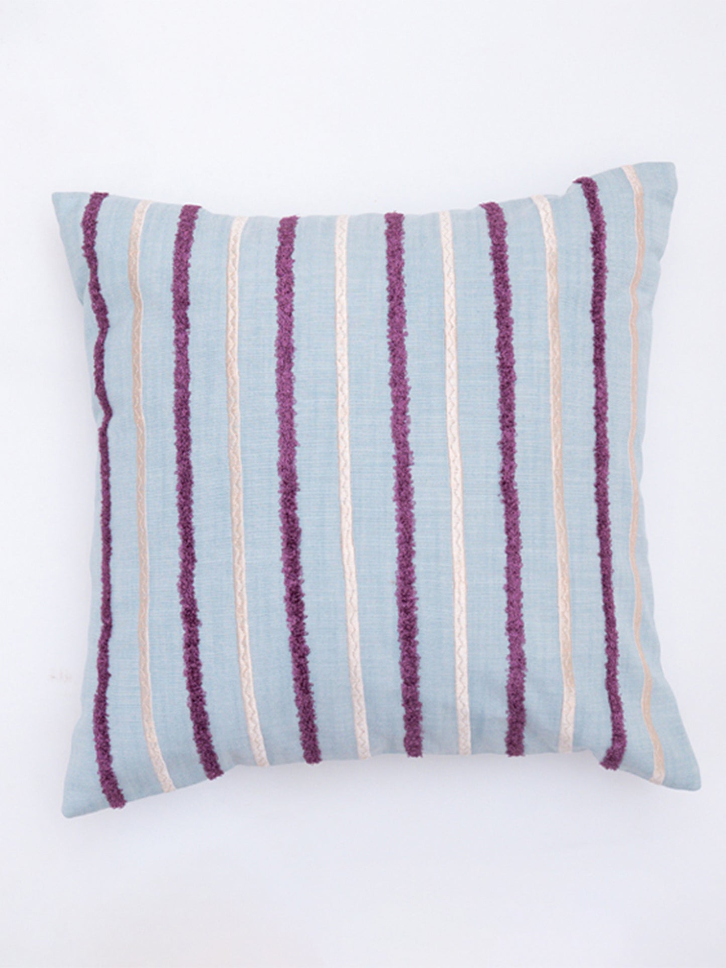 Embroidered Cushion Cover  Cotton Blend Striped Light Blue - 16"X16"