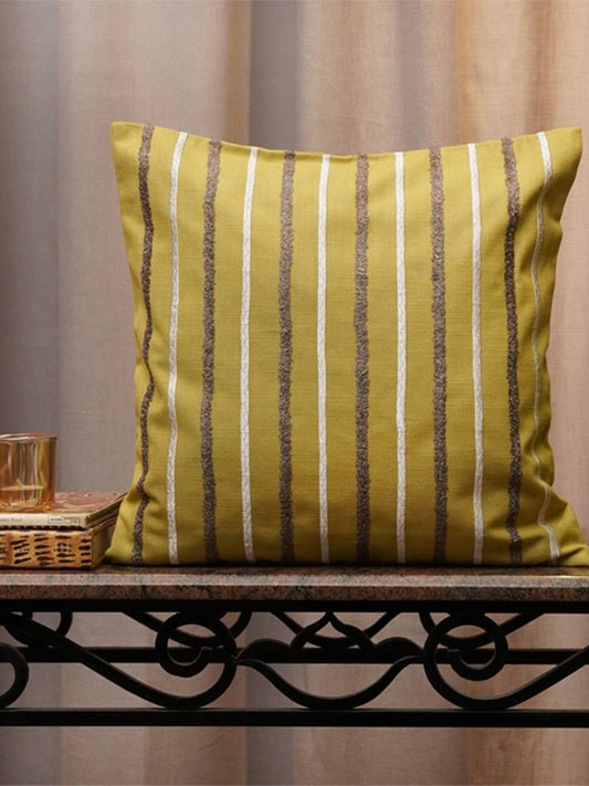 Embroidered Cushion Cover Cotton Blend Striped  Lime Green - 16" X 16"