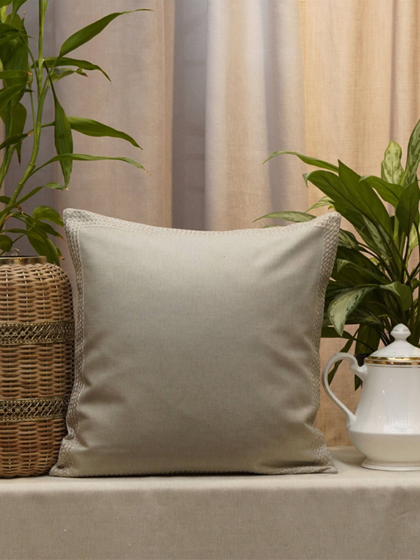 Embroidered Cushion Cover Cotton Linen  Striped White - 16" X 16"