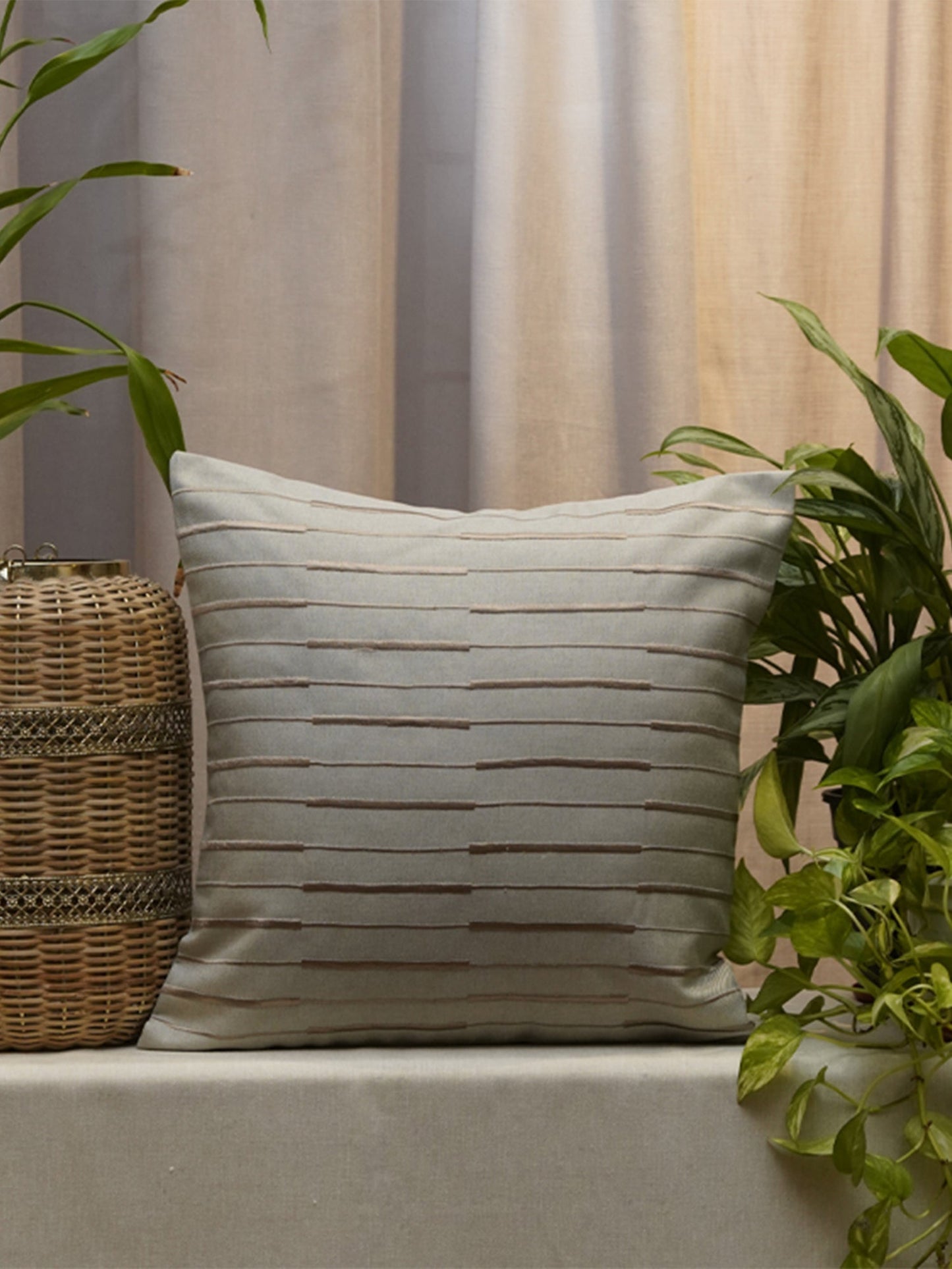 Embroidered Cushion Cover Polyester Blend Striped Light Beige - 16" X 16"