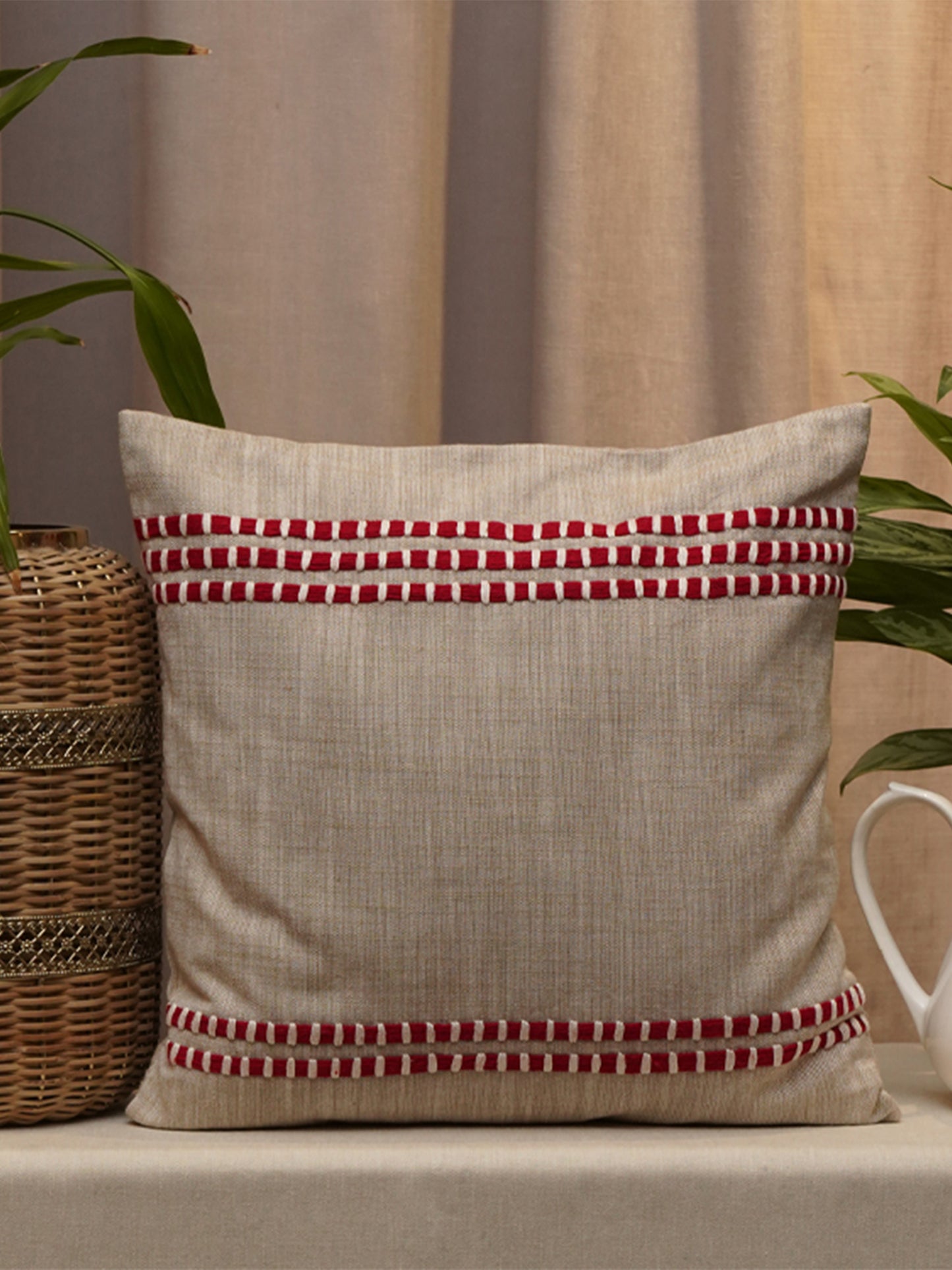 Embroidered Cushion Cover Cotton Blend  Beige - 16" X 16"