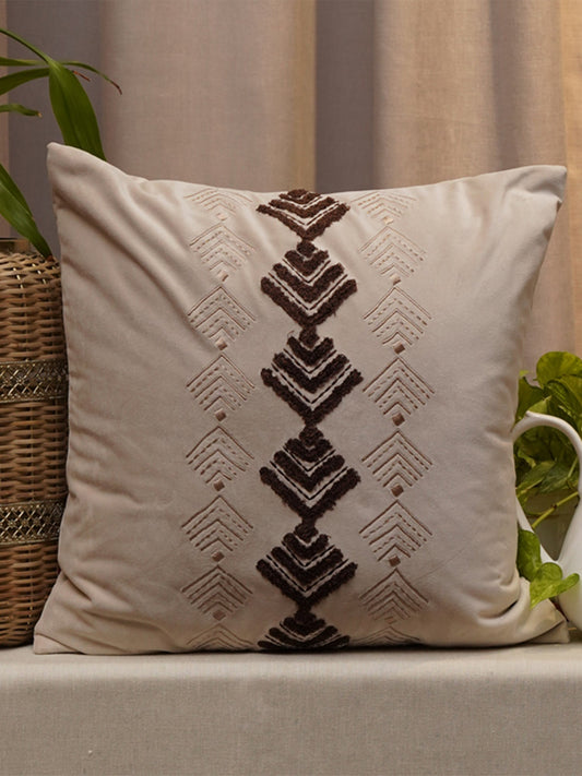 Embroidered Cushion Cover Velvet  Off White - 16" X 16"