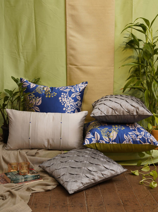 Co-ordinated Cushion Cover Set Of 5 Polyester Multi Embroidered Pleated - 20" X 20", 16" X 16", 12" X 22"