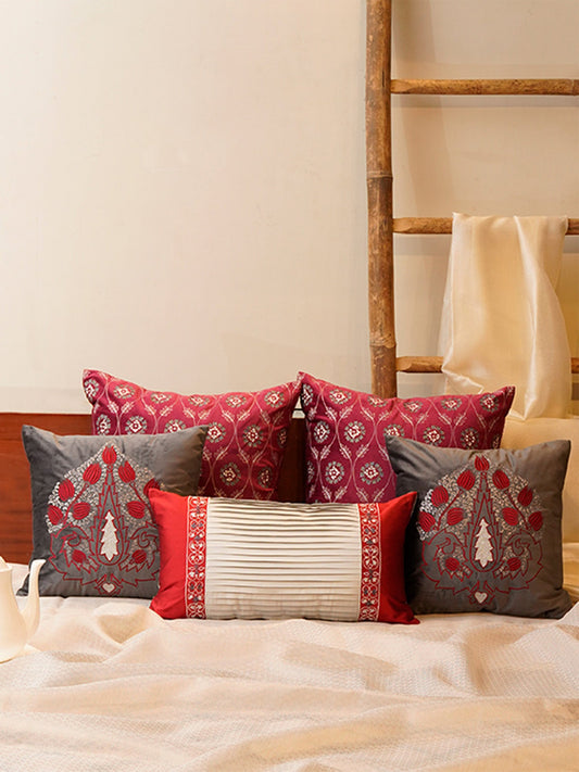 Co-ordinated Embroidered Set of 5 Cushion Cover Velvet  Multi Color- 20" X 20", 16" X 16", 12" X 22"