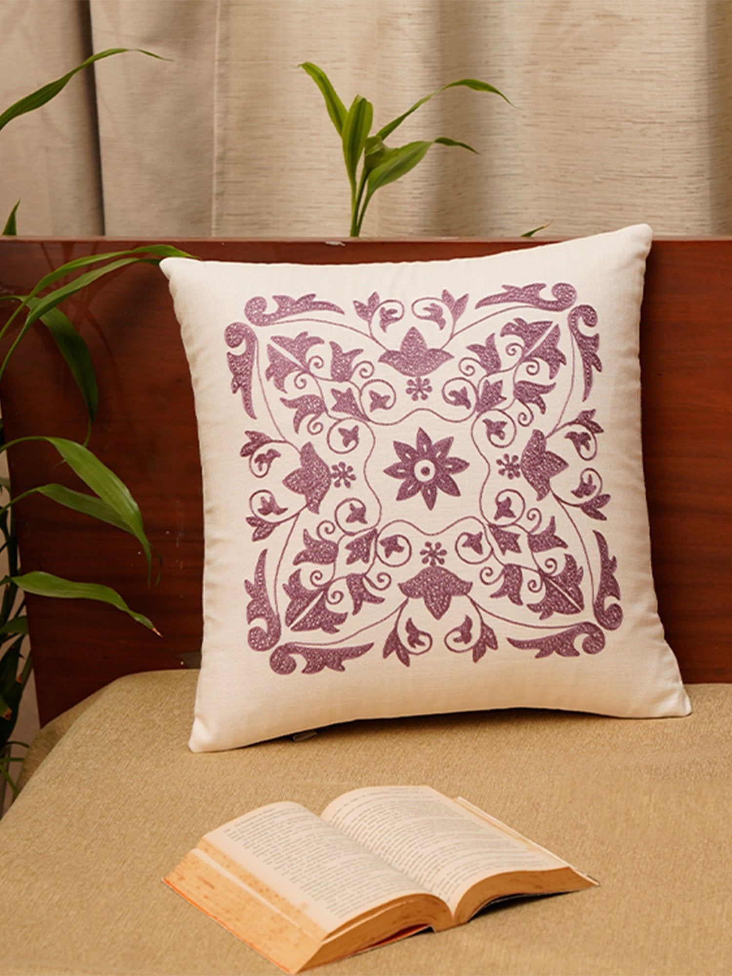 Embroidered Cushion Cover Cotton Off White - 16"x16"