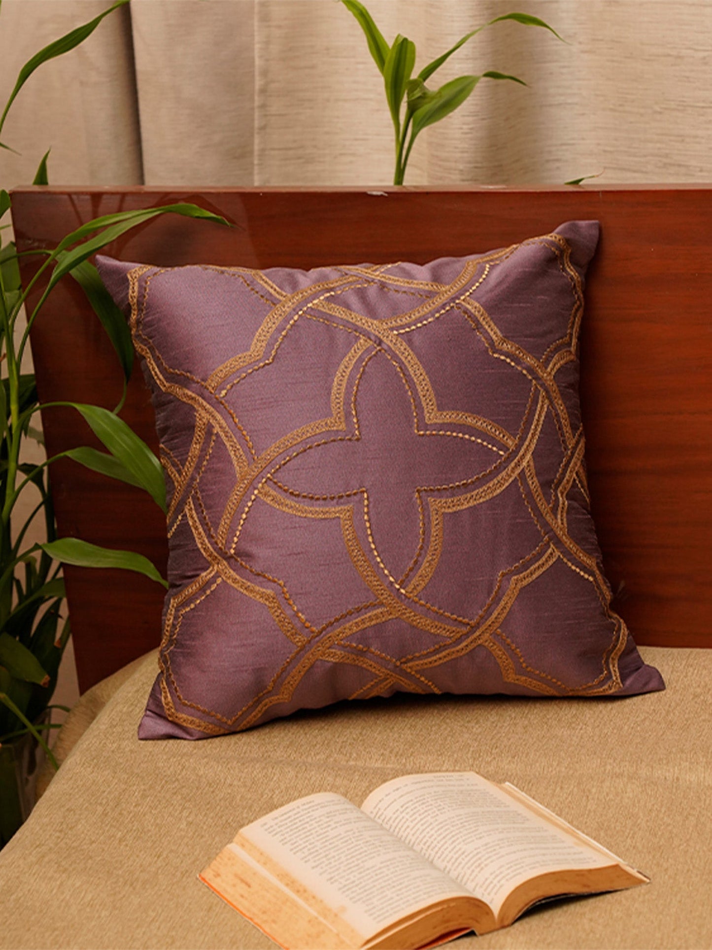Embroidered Cushion Cover 100% Polyester Lilac - 16"x16"