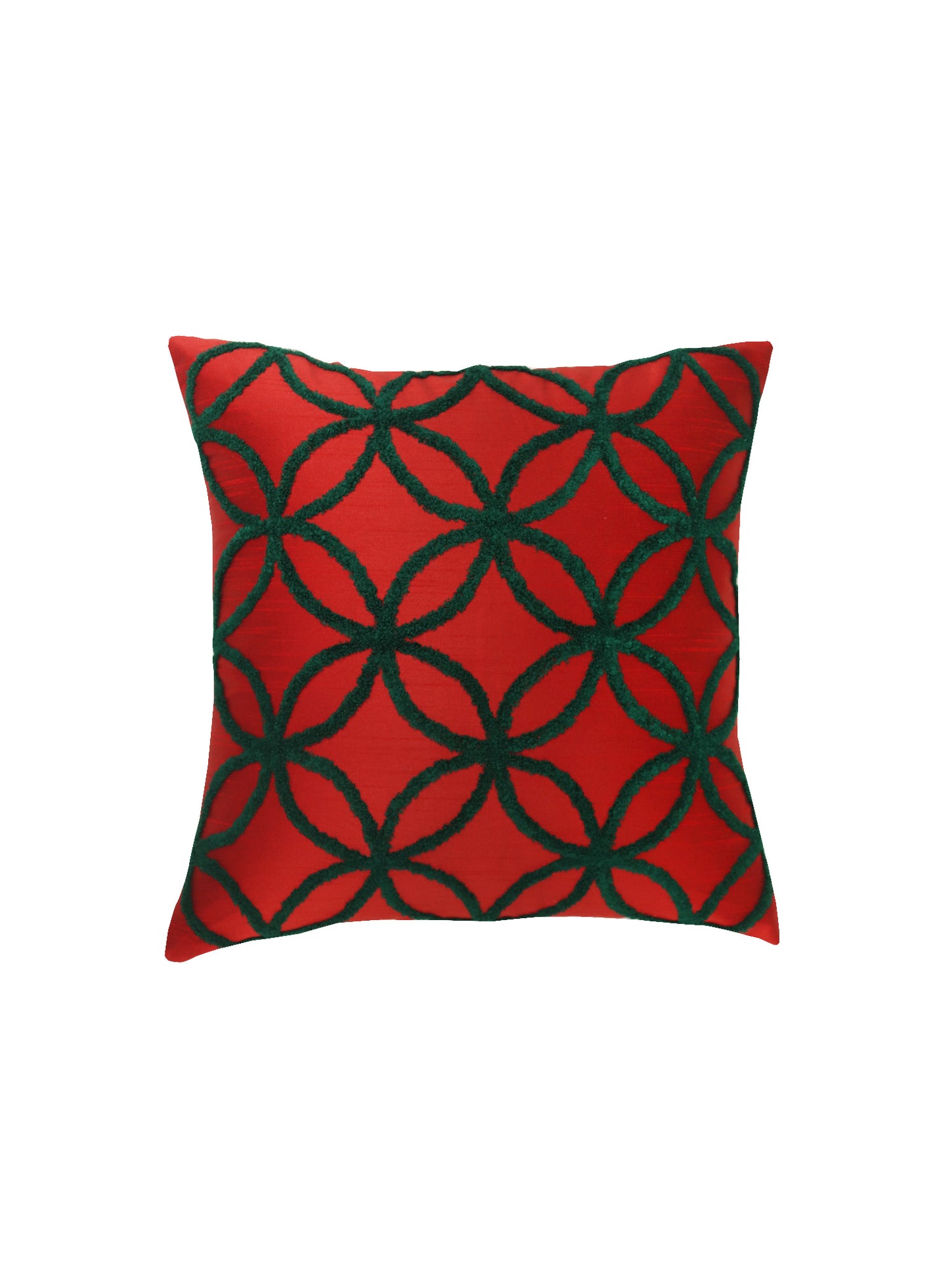 Embroidered Cushion Cover Cotton Blend Red Green - 16" x 16"