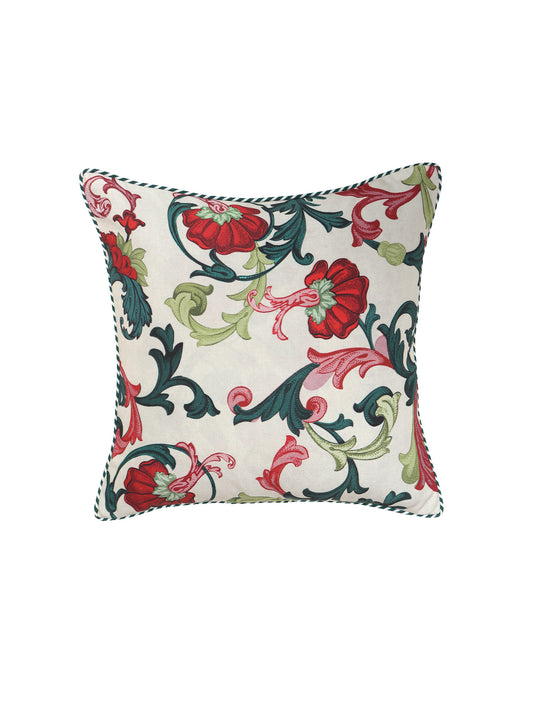Embroidered & Printed Cushion Cover with Cord Piping Floral Cotton Blend Multi - 16" x 16"