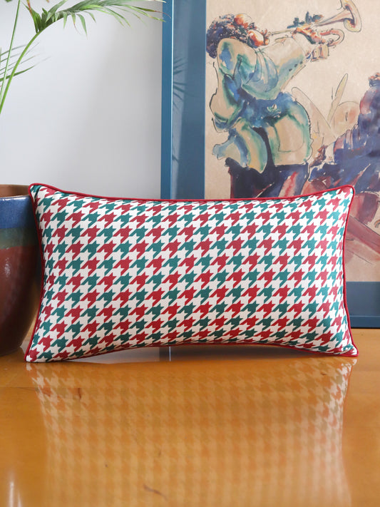 Printed Cushion Cover with Cord Piping Houndstooth Cotton Polyester Red Green White- 12" x 22"