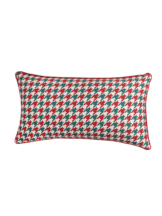 Printed Cushion Cover with Cord Piping Houndstooth Cotton Polyester Red Green White- 12" x 22"