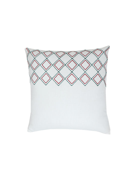 Embroidery Chawal taka Cushion Cover with Lines Cotton Blend White - 16" x 16"