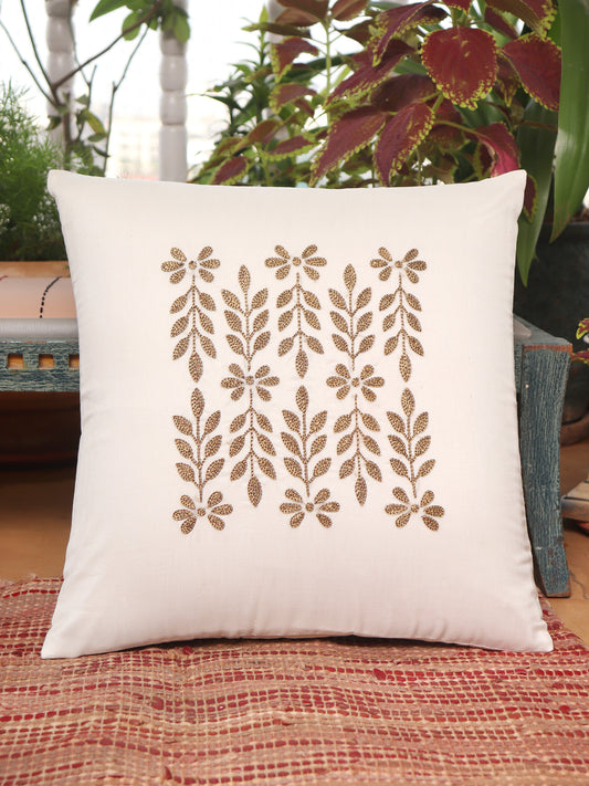 Hand Embroidered Cushion Cover Floral Beige - 16" x 16"