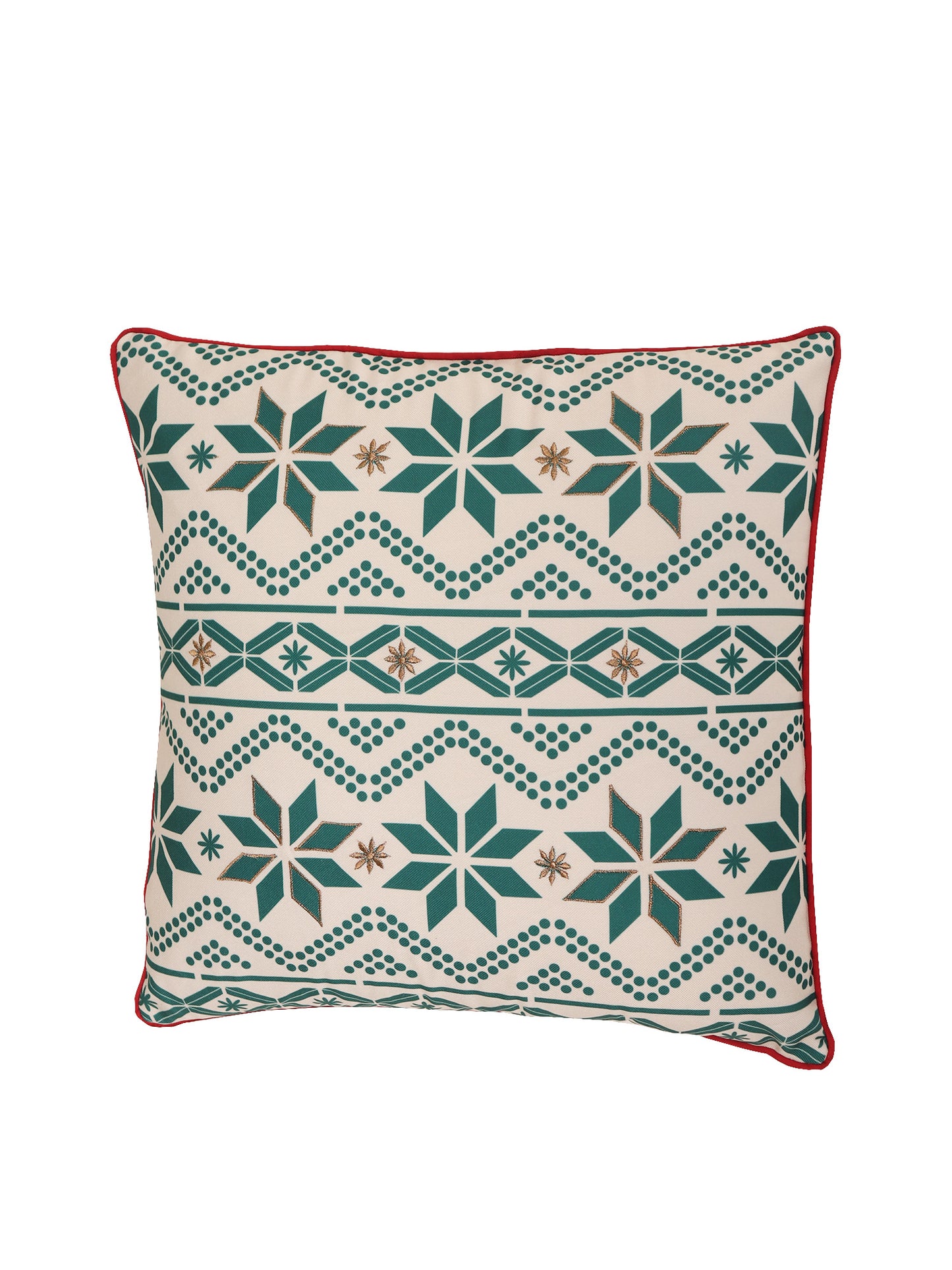 Printed Cushion Cover with Cord Piping and Antique Golden Zari Cotton Polyester Green - 16in x 16in