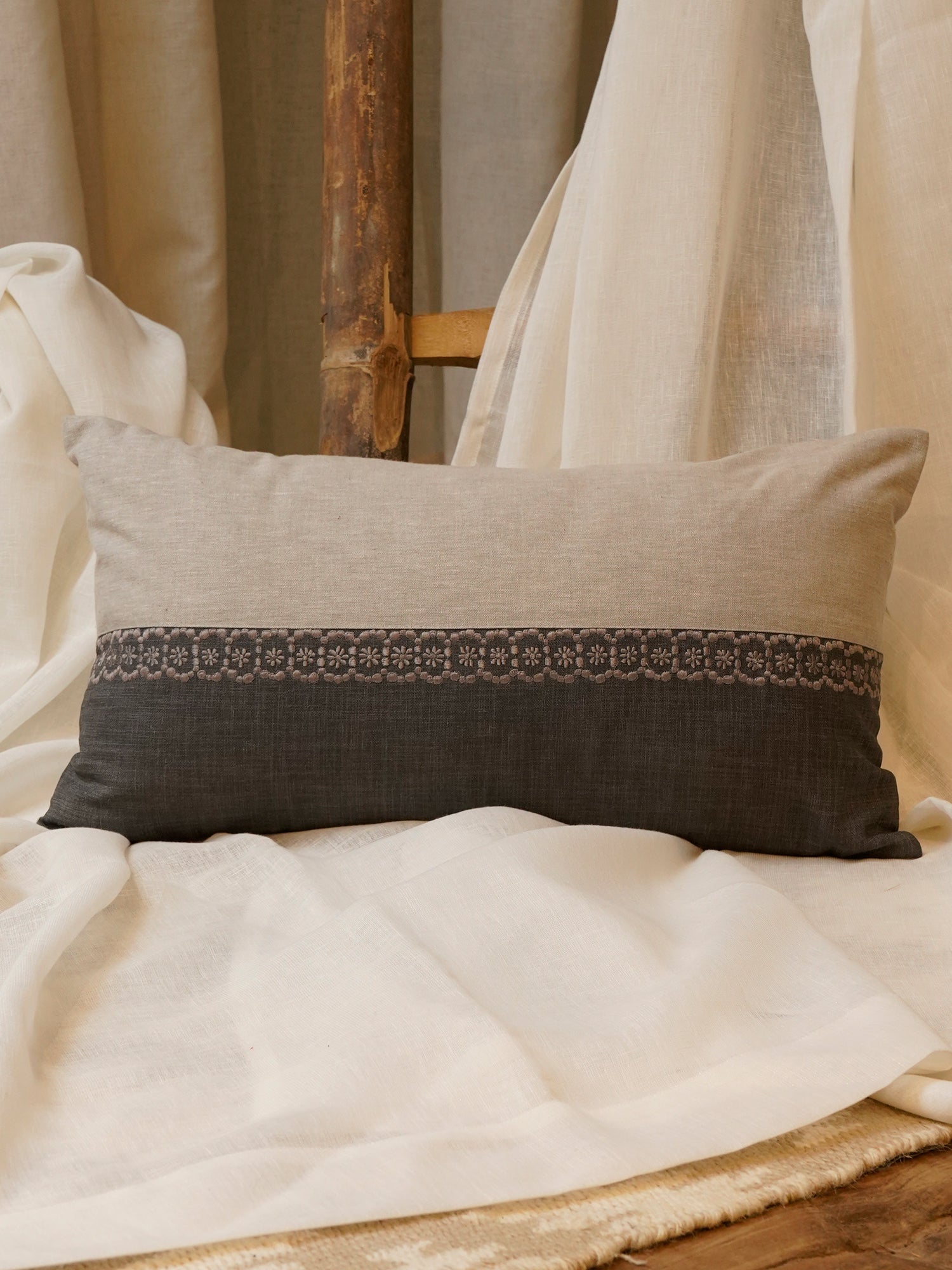 Cushion Cover Cotton Blend Patchwork with Embroidery Grey - 12" X 22"