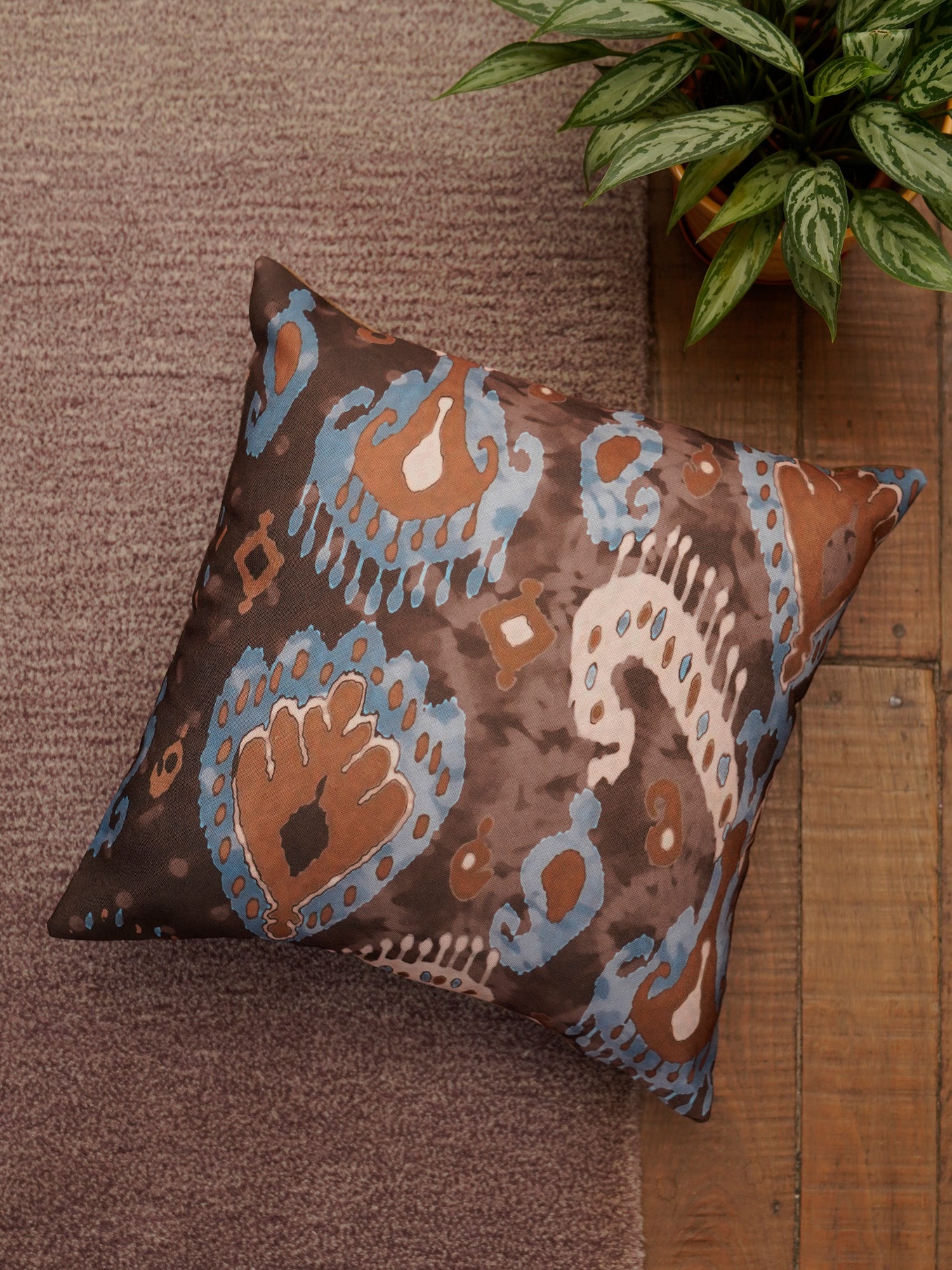 Cushion Cover Polycanvas Brown Blue Watercolor Ikat Brown - 16" X 16"