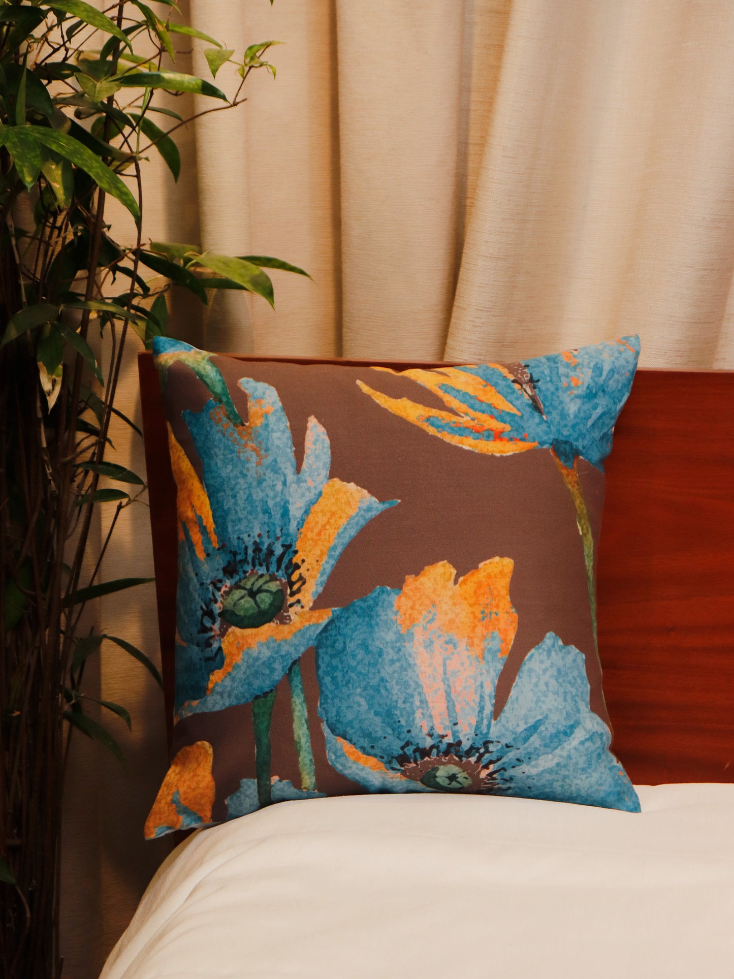 Cushion Cover Printed Poly Canvas Floral Brown Blue Yellow - 16"x16"