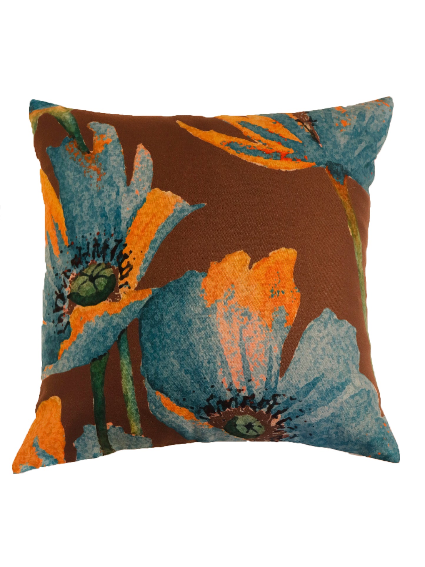 Cushion Cover Printed Poly Canvas Floral Brown Blue Yellow - 16"x16"