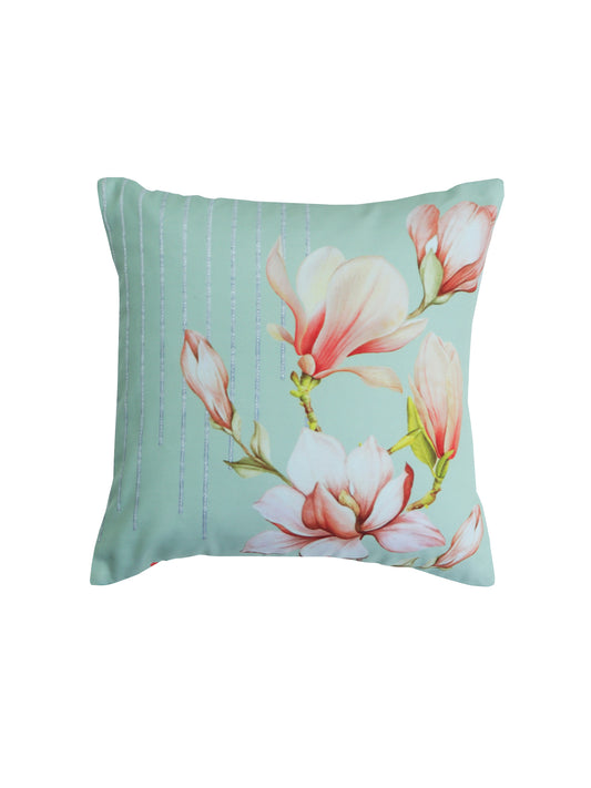 Embroidered Cushion Cover Floral Digital print With Hand embroidered Green/Pink - 16" X 16"