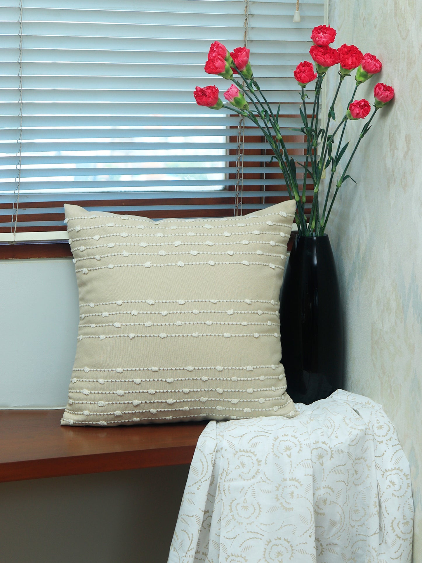 Hand embroidered Cushion Cover Beige - 16" X 16"