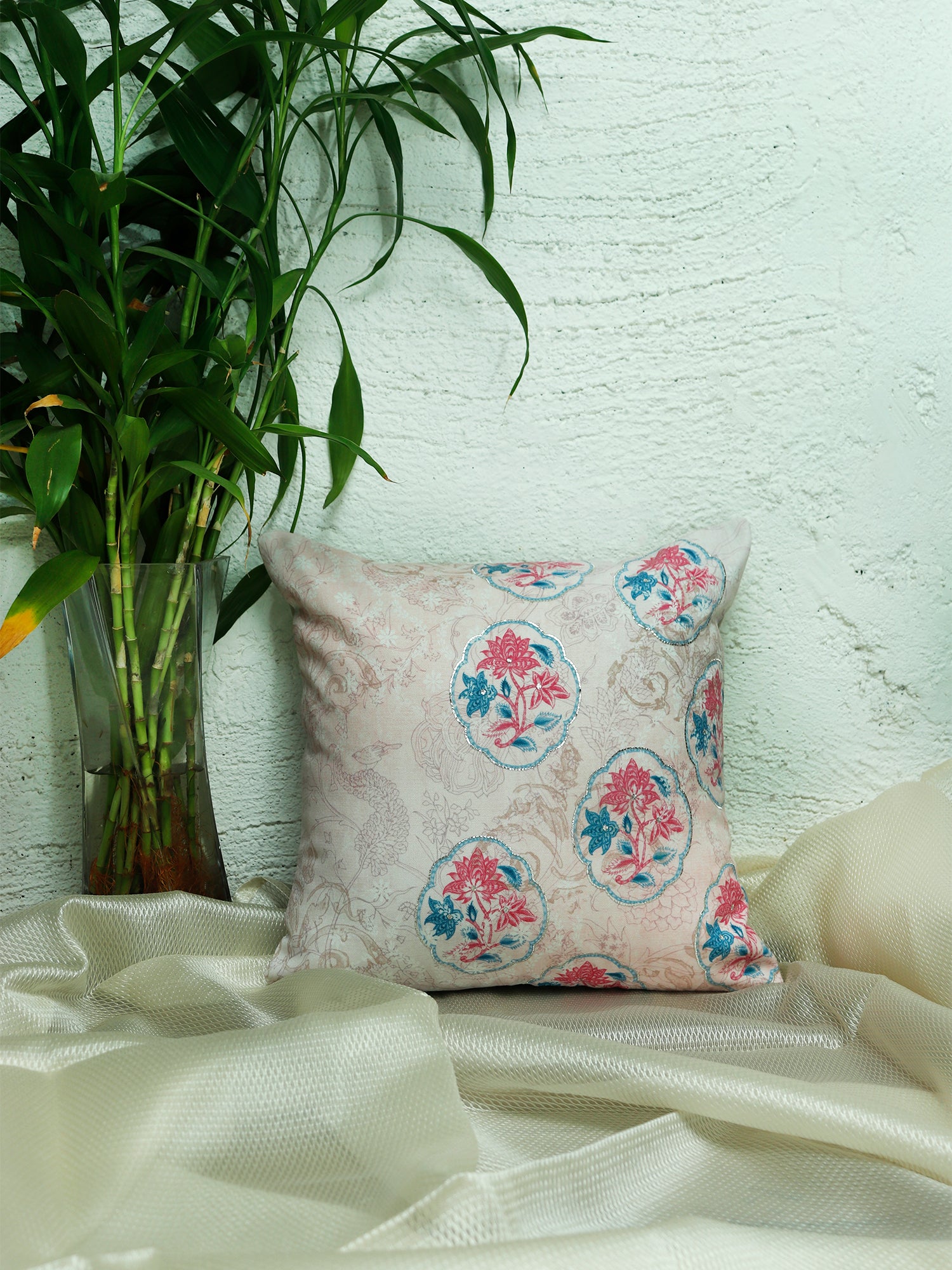 Printed Cushion Cover Polyester with Embroidery Handiwork Floral - 16" X 16"