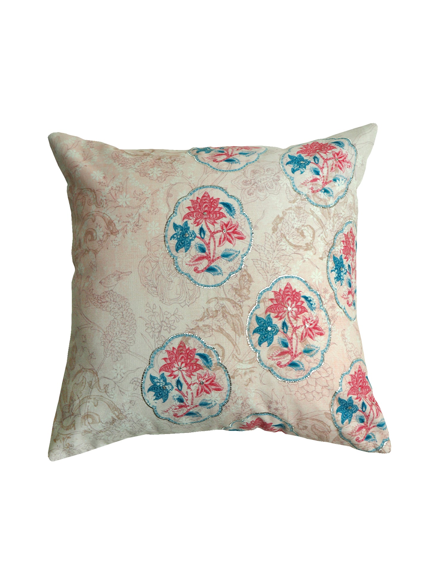 Printed Cushion Cover Polyester with Embroidery Handiwork Floral - 16" X 16"