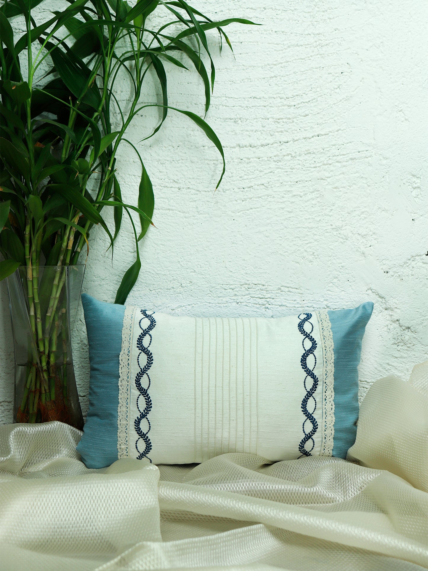 Technique Cushion Cover Polyester Patchwork with Pintuck and Embroidery Aqua Beige - 12" X 20"