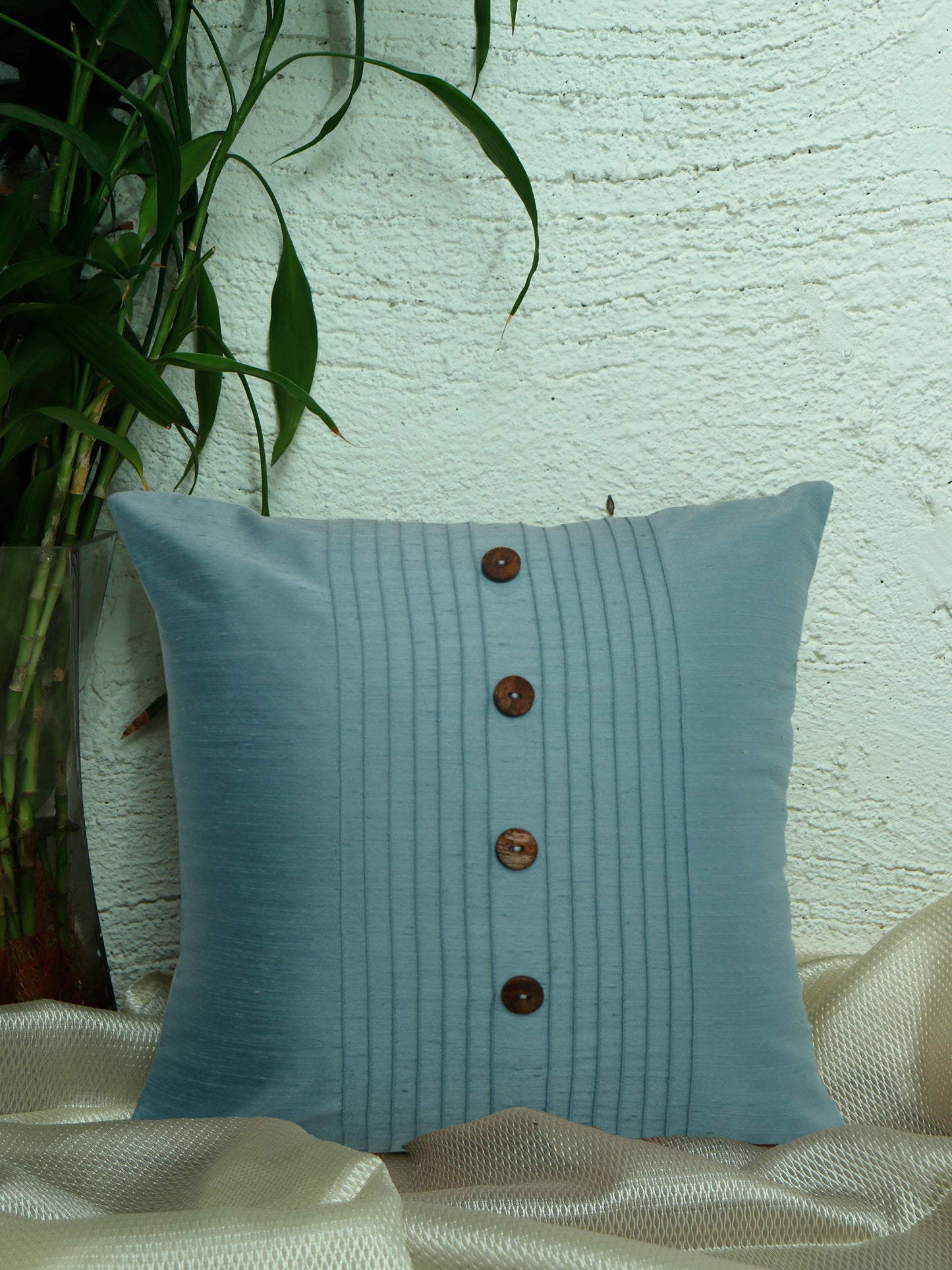Technique Cushion Cover Polyester Pintuck with Buttons Aqua - 16" X 16"