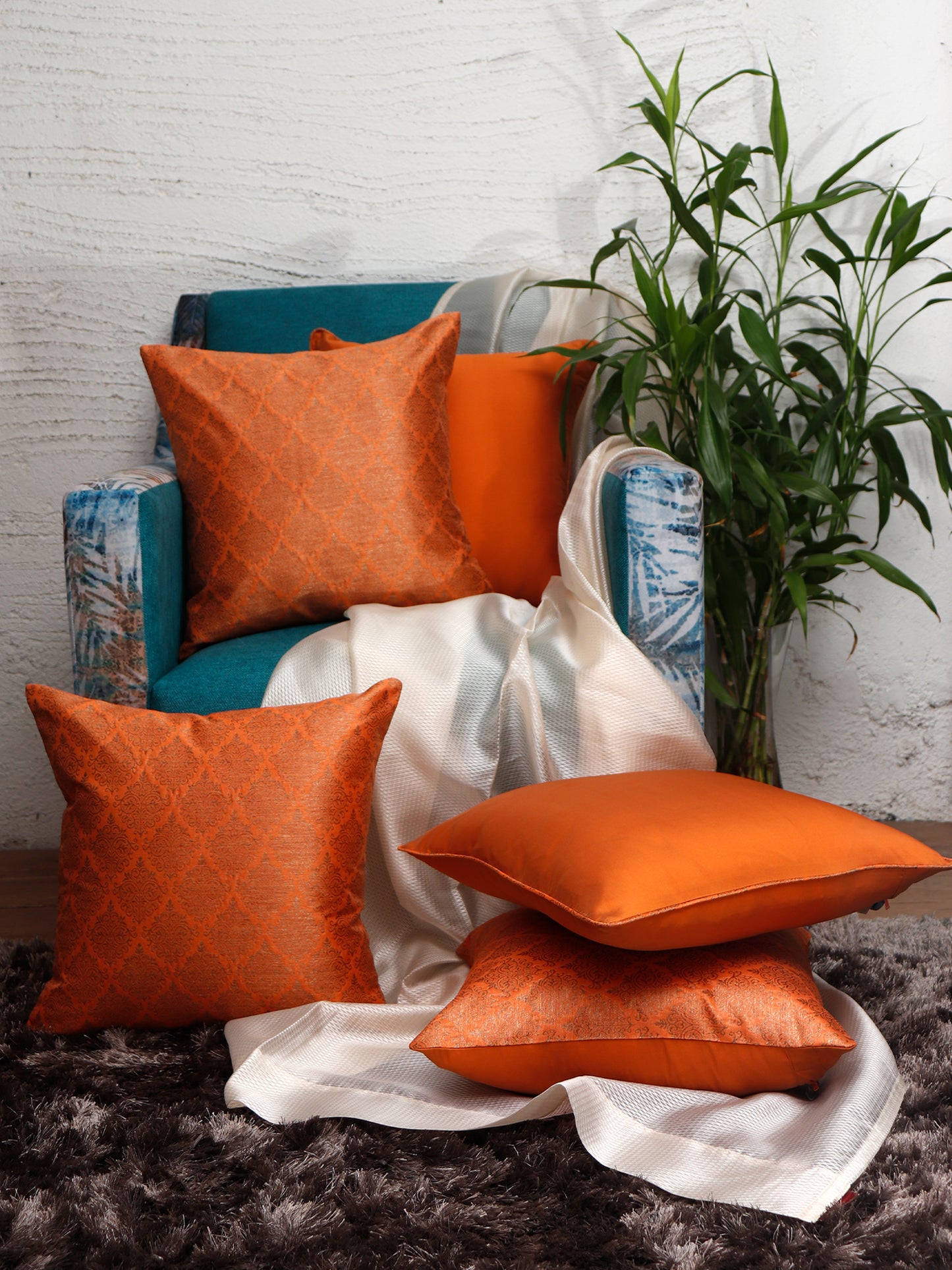 Co-ordinated Cushion Cover Set of 5 Cotton Blend Self Textured Brocade Orange - 16" X 16"
