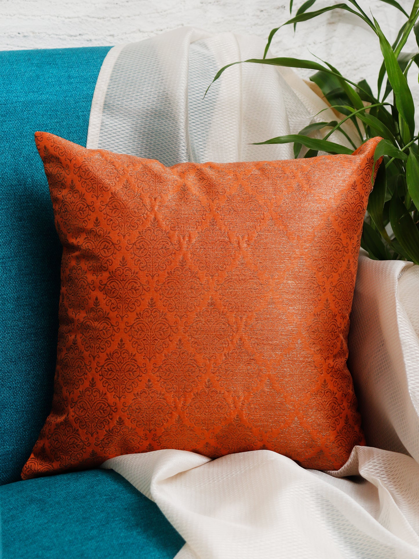 Co-ordinated Cushion Cover Set of 5 Cotton Blend Self Textured Brocade Orange - 16" X 16"