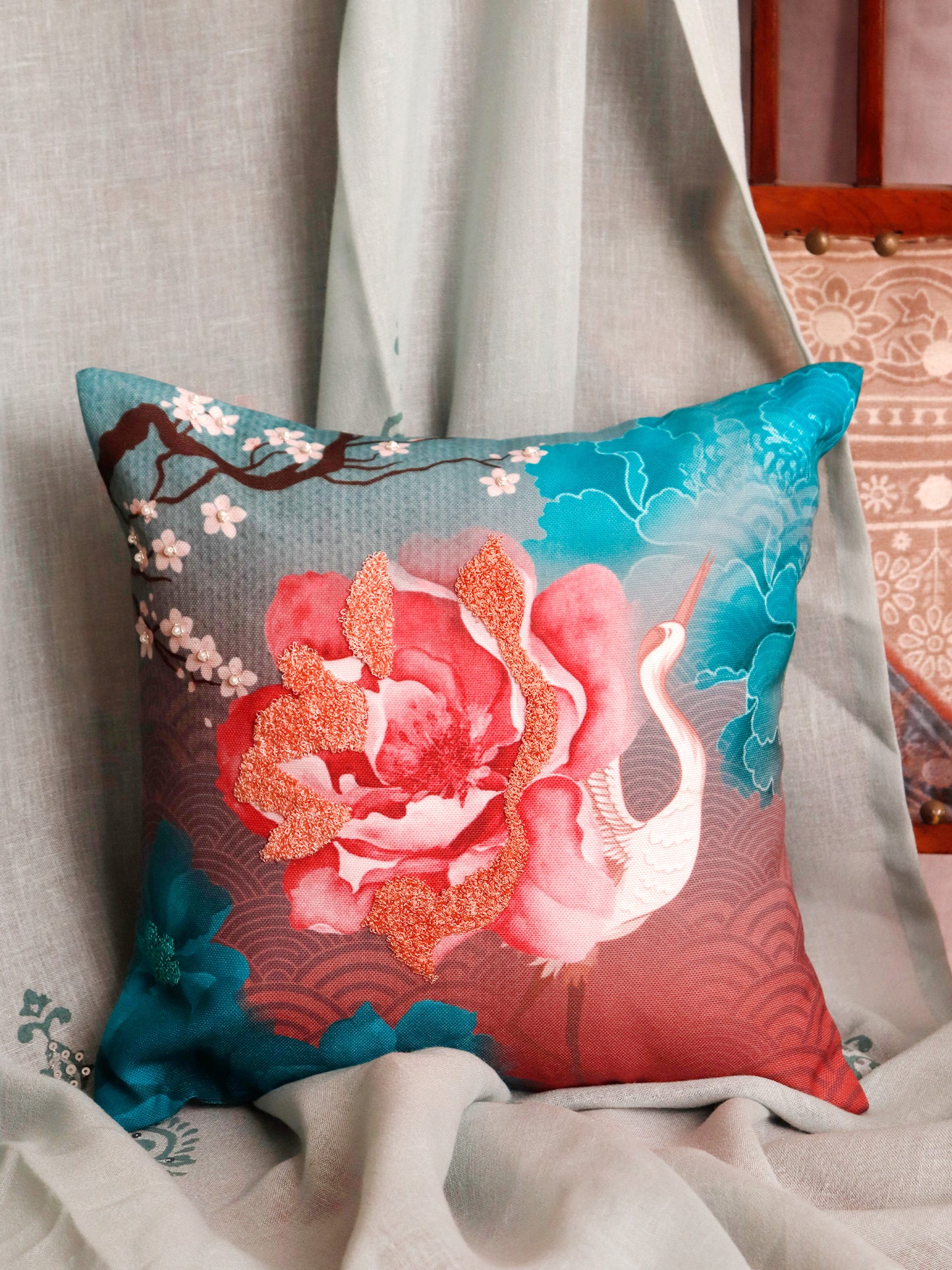 Cushion Cover Poly Canvas Digital Print with Towel Embroidery and Handiwork Pink - 12"x 12"