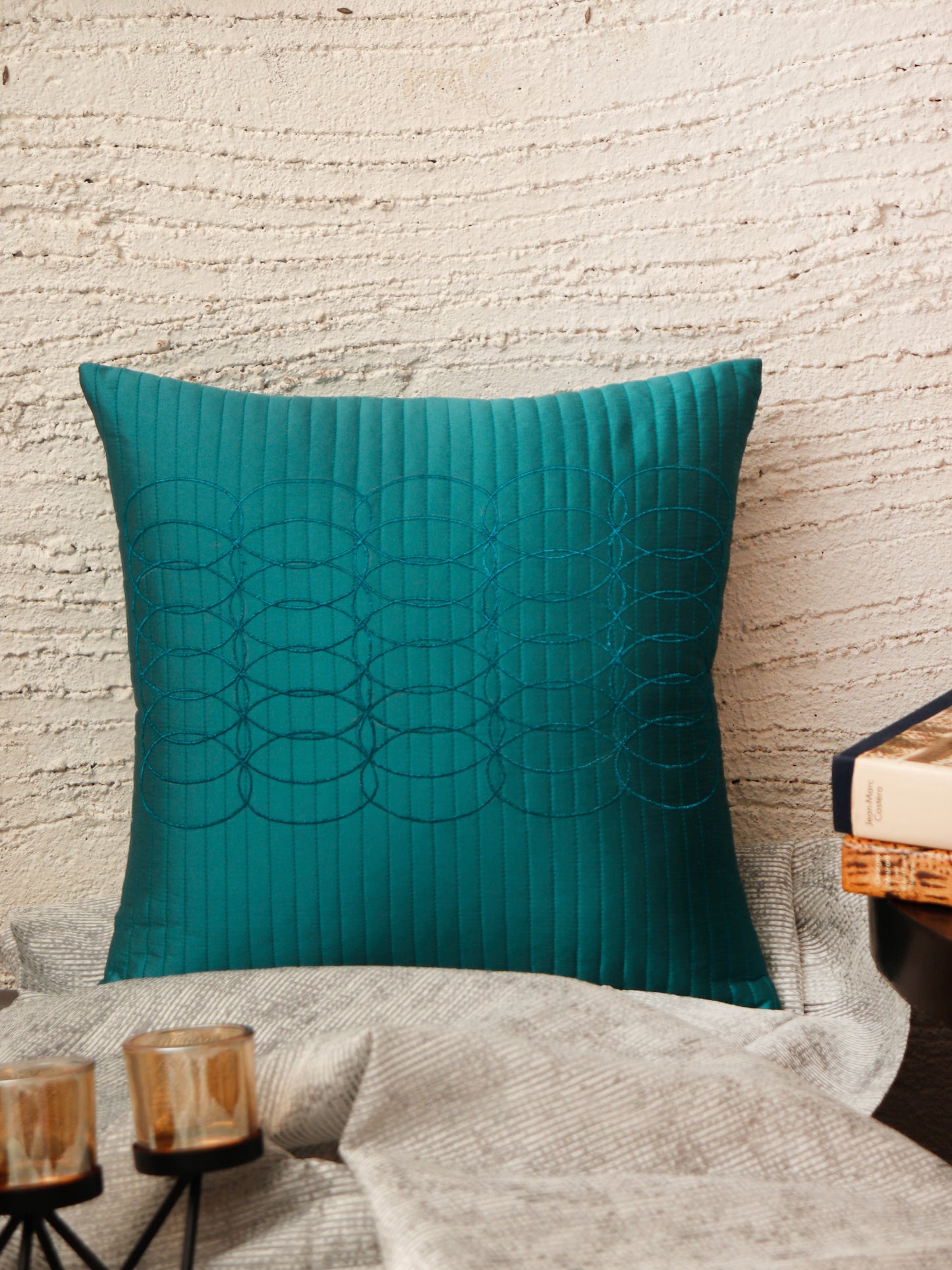 Cushion Cover Polyester Zari Embroidery with Self Quilting Aqua Green - 16"x 16"