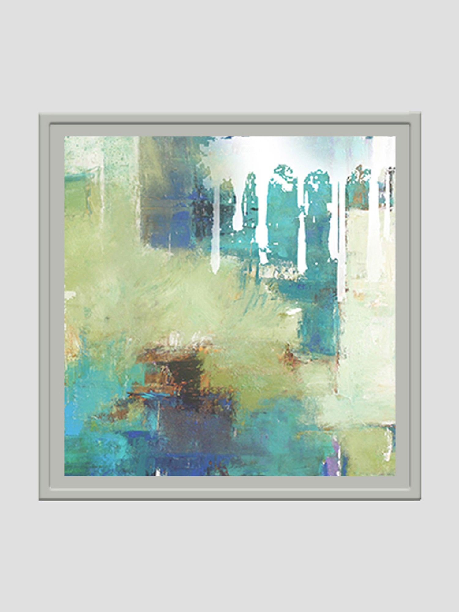 Abstract Medley of Colors Shades of Blue & Green Printed Wall Art with Hand Embroidery 24" X 24"