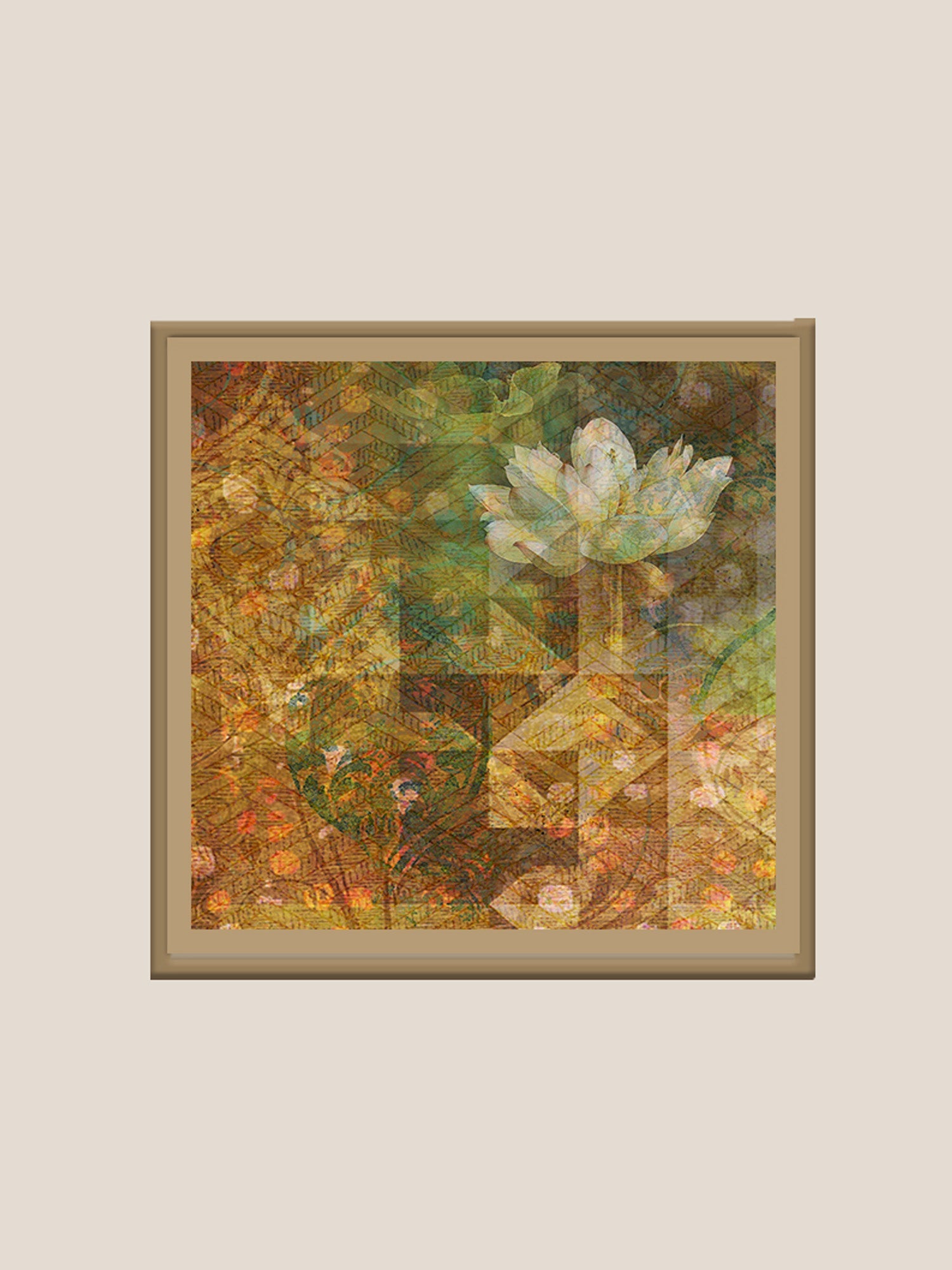 Abstract Lotus Printed and Hand Embroidered Wall Art 16" X 16"