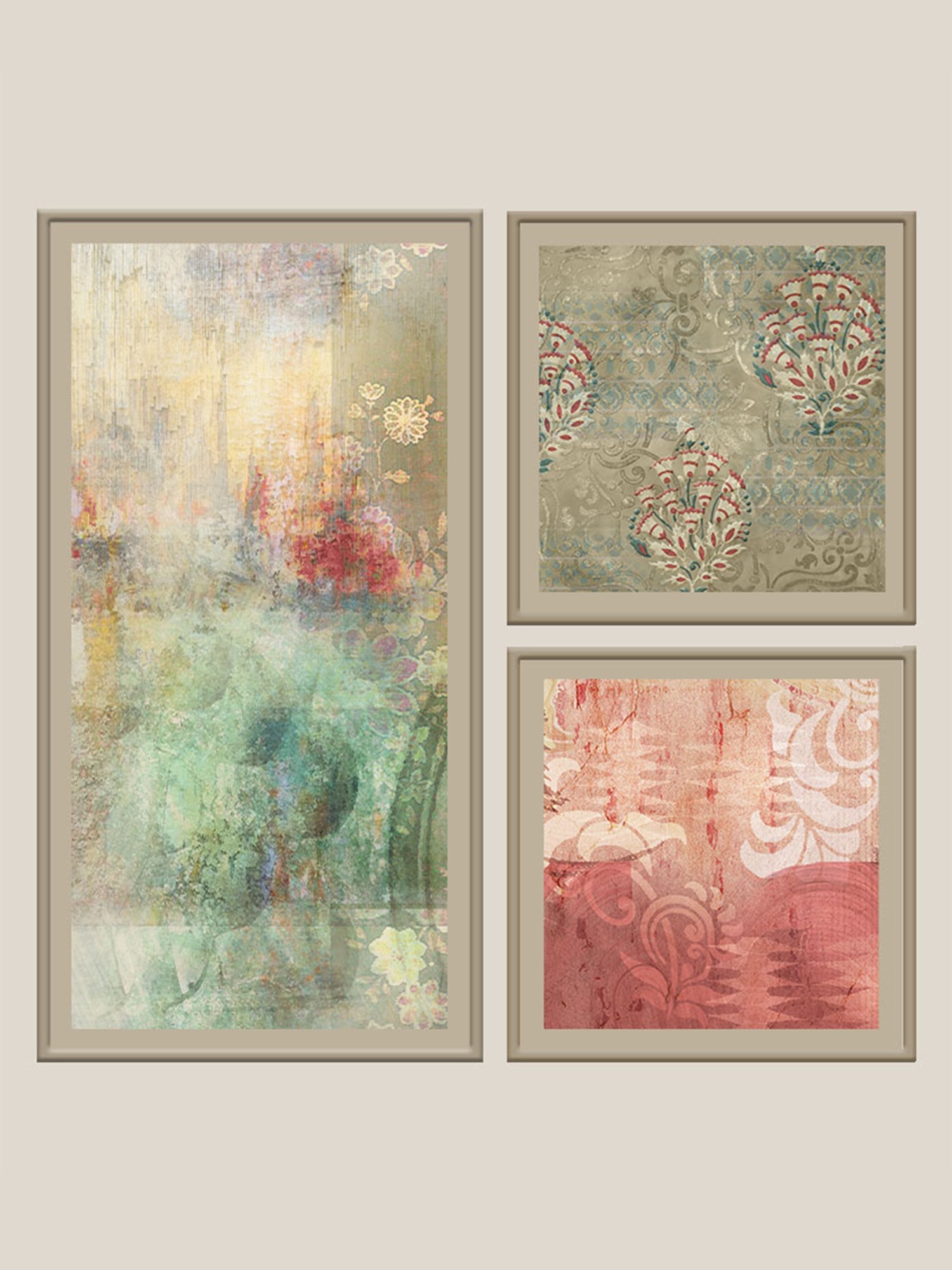 Wall Art Cluster Canvas Contemporary Ornate - 24"X 48"; 24"X 24"; 24"X 24"