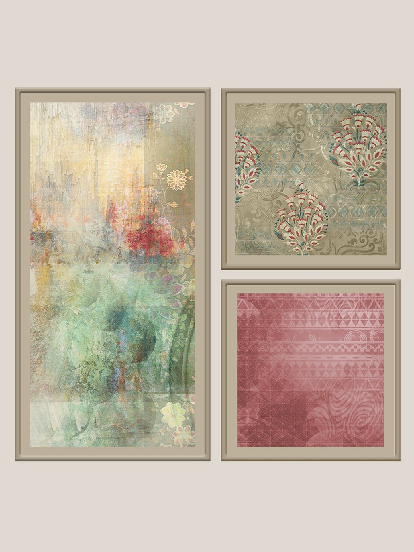 Wall Art Cluster Canvas Contemporary Ornate Highlighted with hand embroidery - 24"X 48"; 24"X 24"; 24"X 24"