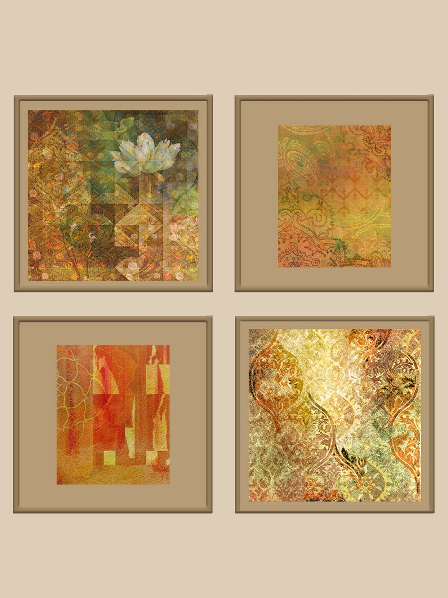 Wall Art Cluster Canvas Orange Blossoms Highlighted with Hand Embroidery - 16" X 16"