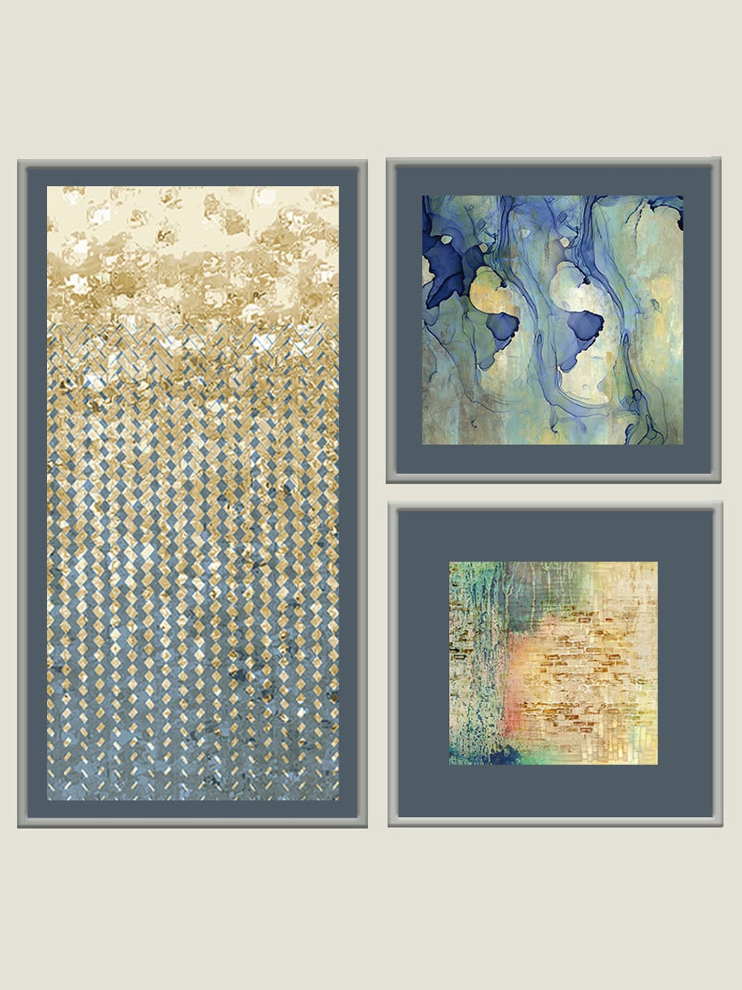 Wall Art Cluster Canvas Cerulean Streams Highlighted with hand embroidery - 24"X 48"; 24"X 24"; 24"X 24"